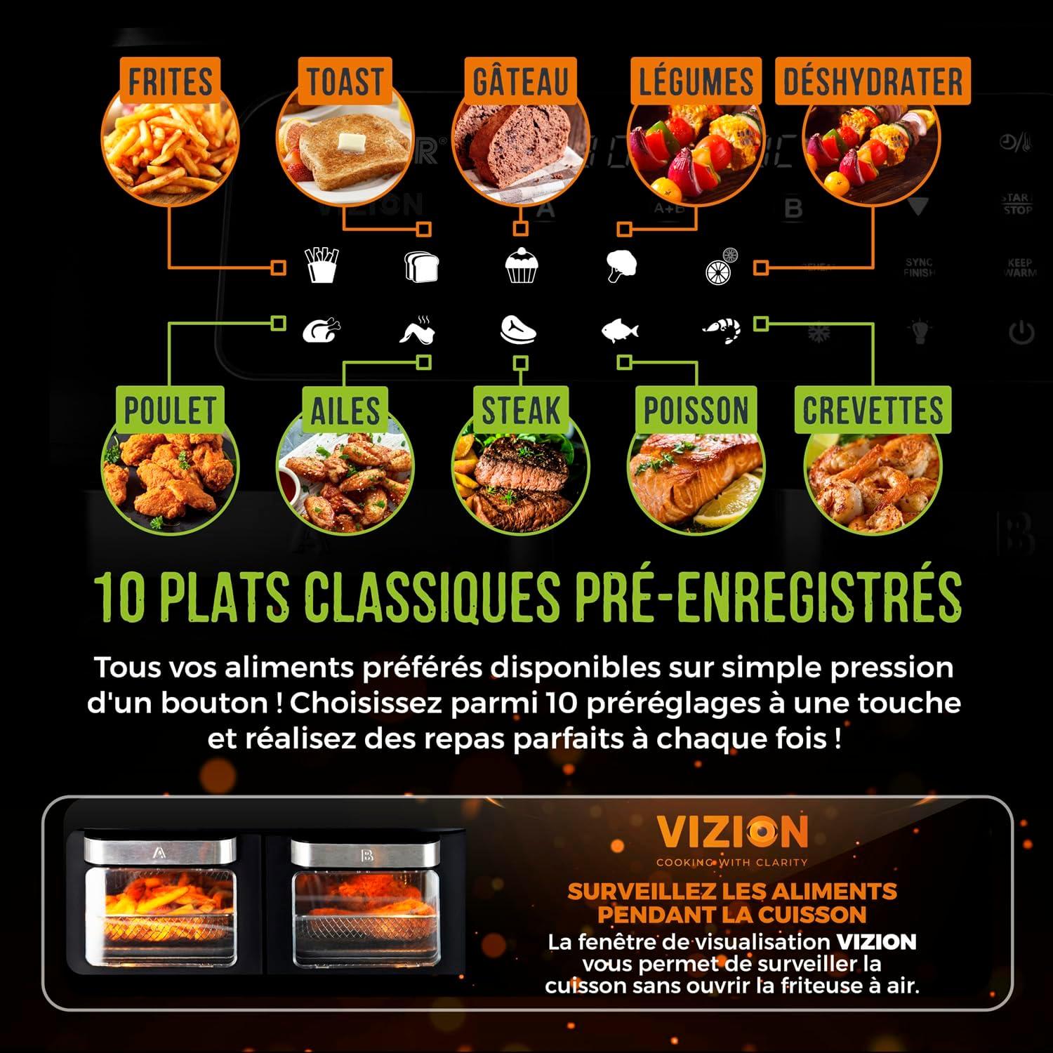 imageTower T17102 Vortx Vizion Air Fryer Double Compartiment Friteuse Avec cran Tactile Numrique 11 L NoirFriteuse air double four Vizion 11 L
