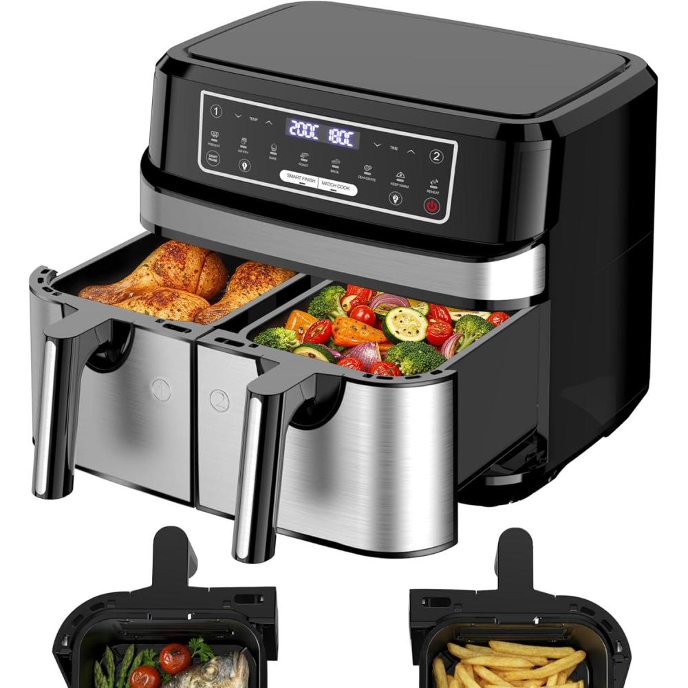 imageAir Fryer Double Compartiment 9L  Friteuse Sans Huile a 2x45L Tiroir 2600W Friteuse  Air Chaud 8 en 1 cran Tactile Smart Finish Fonction Airfryer Deux Zones Contrle Individuel Temprature Temps9 Litres