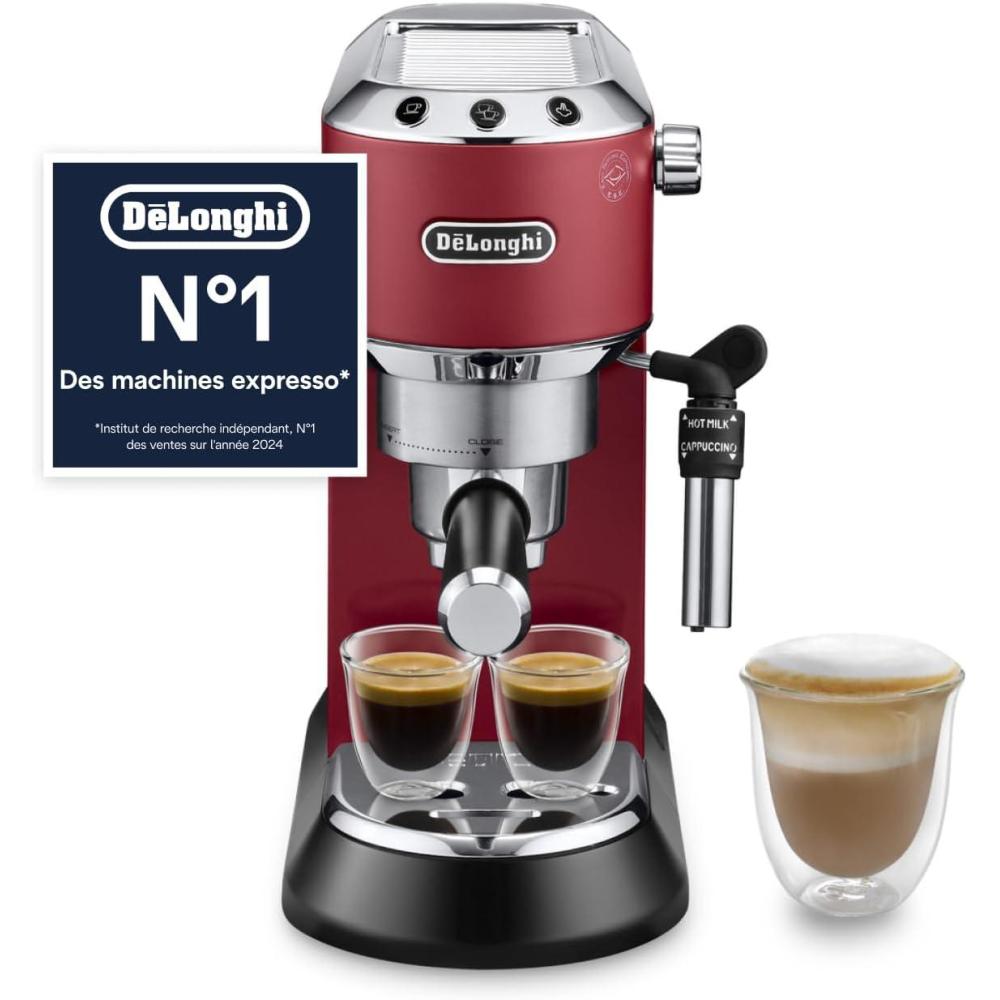 imageDeLonghi Dedica Style EC685M Machine Expresso avec Buse Mousse de Lait Professionnelle Seulement 15 cm de Large Rservoir de 1 L Botier en Mtal Compatible avec les Dosettes ESE MtalRouge