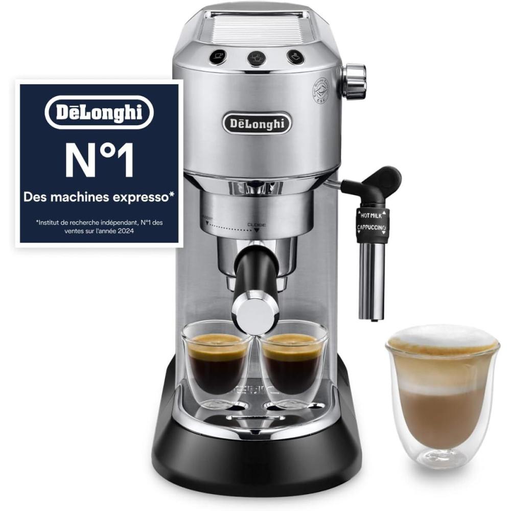 imageDeLonghi Dedica Style EC685M Machine Expresso avec Buse Mousse de Lait Professionnelle Seulement 15 cm de Large Rservoir de 1 L Botier en Mtal Compatible avec les Dosettes ESE MtalMtallique