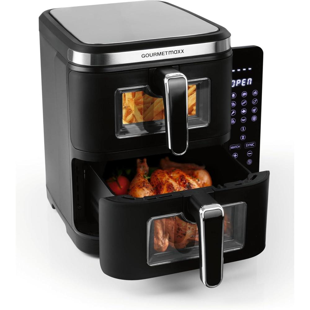 imageGOURMETmaxx Friteuse air chaud 12L Sans huile avec cran tactile minuterie brochettes ampamp fonction rtissoire 10 programmes automatiques Cuisson saine idale pour un poulet entier 1700 W10 Litres 2x 5 Litres