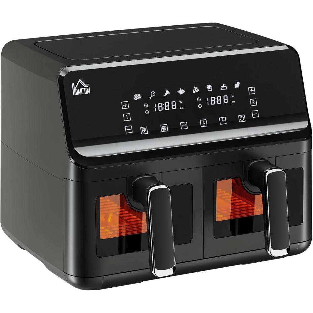 imageHOMCOM Friteuse air friteuse sans huile air fryer double compartiment 8 L 2500 W 8 programmes cran LED temprature rglable minuterie grisNoir