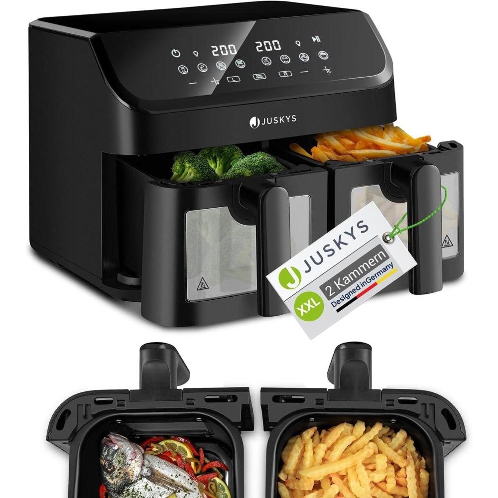 imageJuskys Friteuse air chaud 9 l Deux tiroirs Friteuse XXL 2 paniers 9 programmes Smart Finish revtement enduit