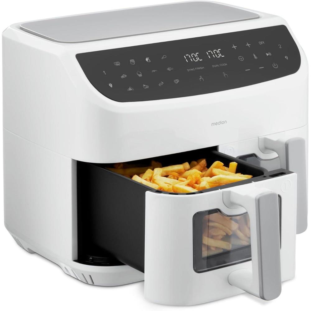 imageMEDION Air Fryer P20 XXL Double Compartiment Fonction dual cook ampamp sync finish fentre visible friteuse sans huile air chaud capacit 87 L XXL 2600 W 9 programmes automatiques MD11760 blancBlanc