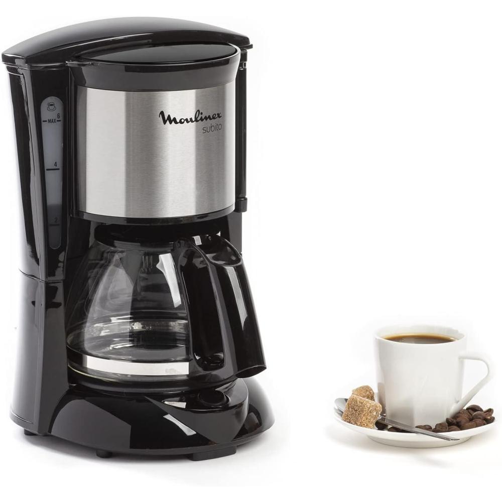 imageMoulinex Subito Cafetire filtre lectrique 06 L soit 6 tasses Machine caf Systme anti goutte Portefiltre pivotant Auto off 30 min FG150813 NoirInox