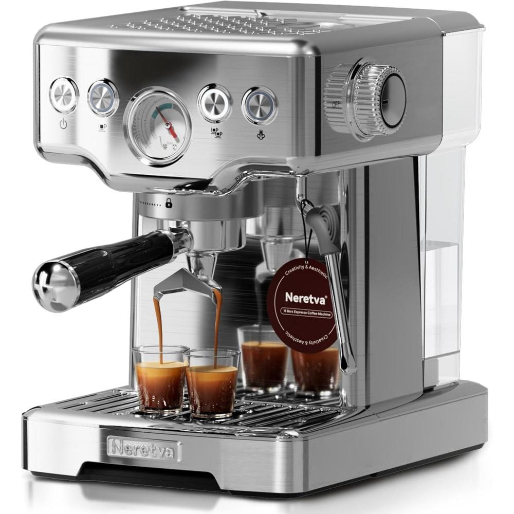 imageNeretva Machine a Cafe Cafetire Professionnelle Avec Manomtre Visible 1450W En Acier Inoxydable Capacit de 18L ampamp Mousseur de Lait ampamp 15 Bar Machine Expresso Domestique ExpressoLattaCappuccinoArgent