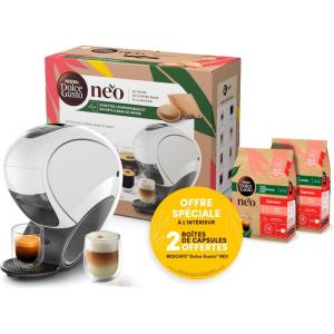 Dolce Gusto NEO Coffee Machine by Krups, Machine à café + 3 boites de dosettes compostables (Espresso, Lungo, Cappuccino), Cafetière multi-boissons connectée YY5242FD(Blanc)