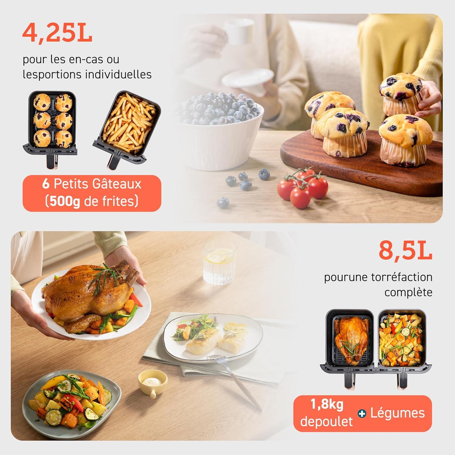 imageCOSORI Air Fryer 2 Compartiments 85L 8en1 Airfryer Friteuse Sans Huile 71 Defficacit nergtique 85 de Carburant En Moins 55 Plus Rapide 8 Portions Va au Lavevaisselle NoirOr