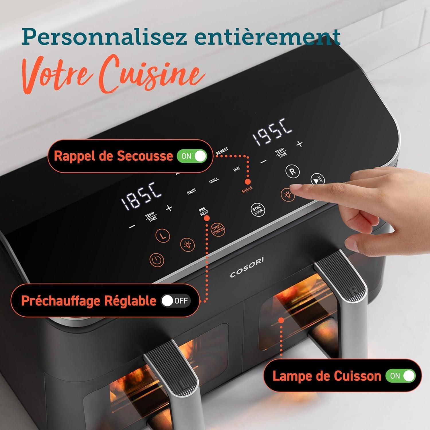 imageCOSORI Air Fryer 2 Compartiments 85L 8en1 Airfryer Friteuse Sans Huile 71 Defficacit nergtique 85 de Carburant En Moins 55 Plus Rapide 8 Portions Va au Lavevaisselle NoirNoir