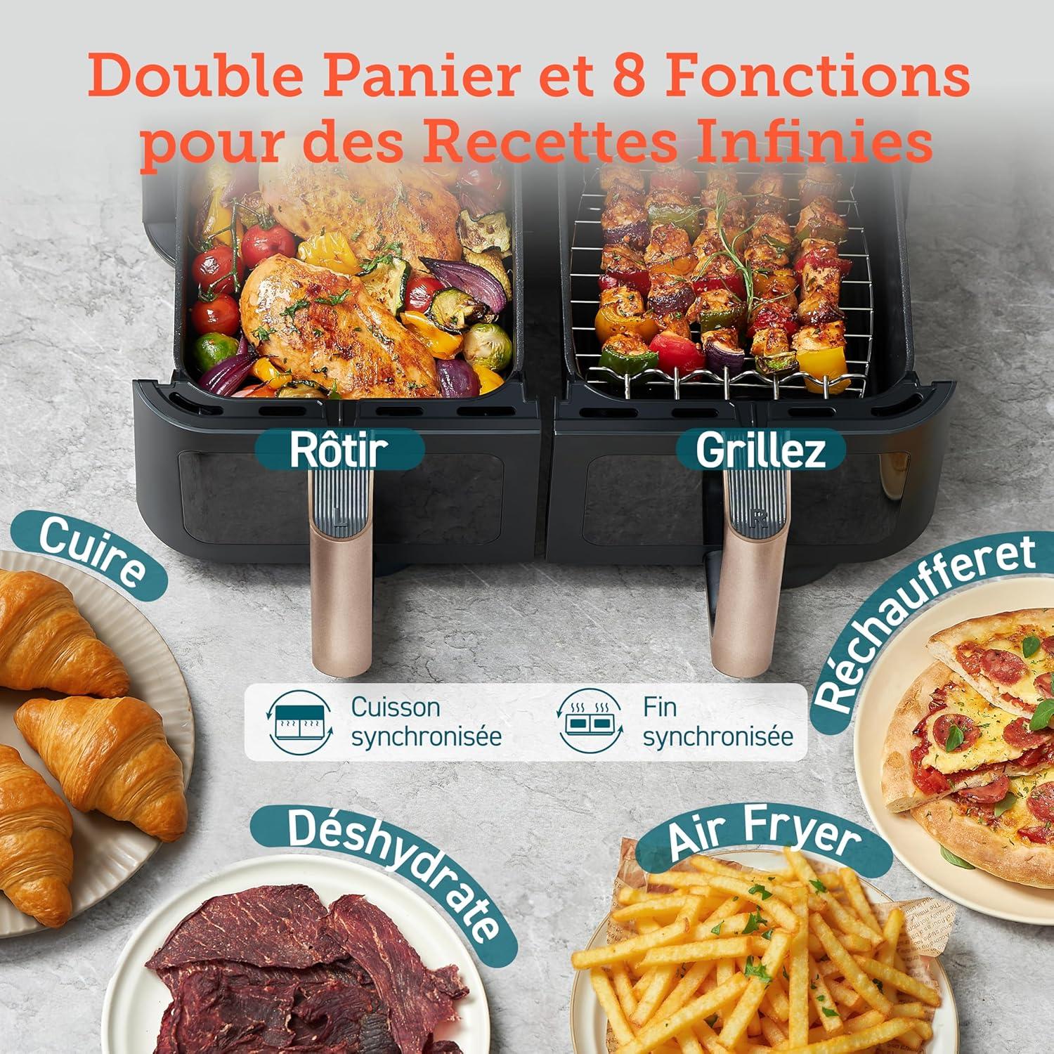imageCOSORI Air Fryer 2 Compartiments 85L 8en1 Airfryer Friteuse Sans Huile 71 Defficacit nergtique 85 de Carburant En Moins 55 Plus Rapide 8 Portions Va au Lavevaisselle NoirOr