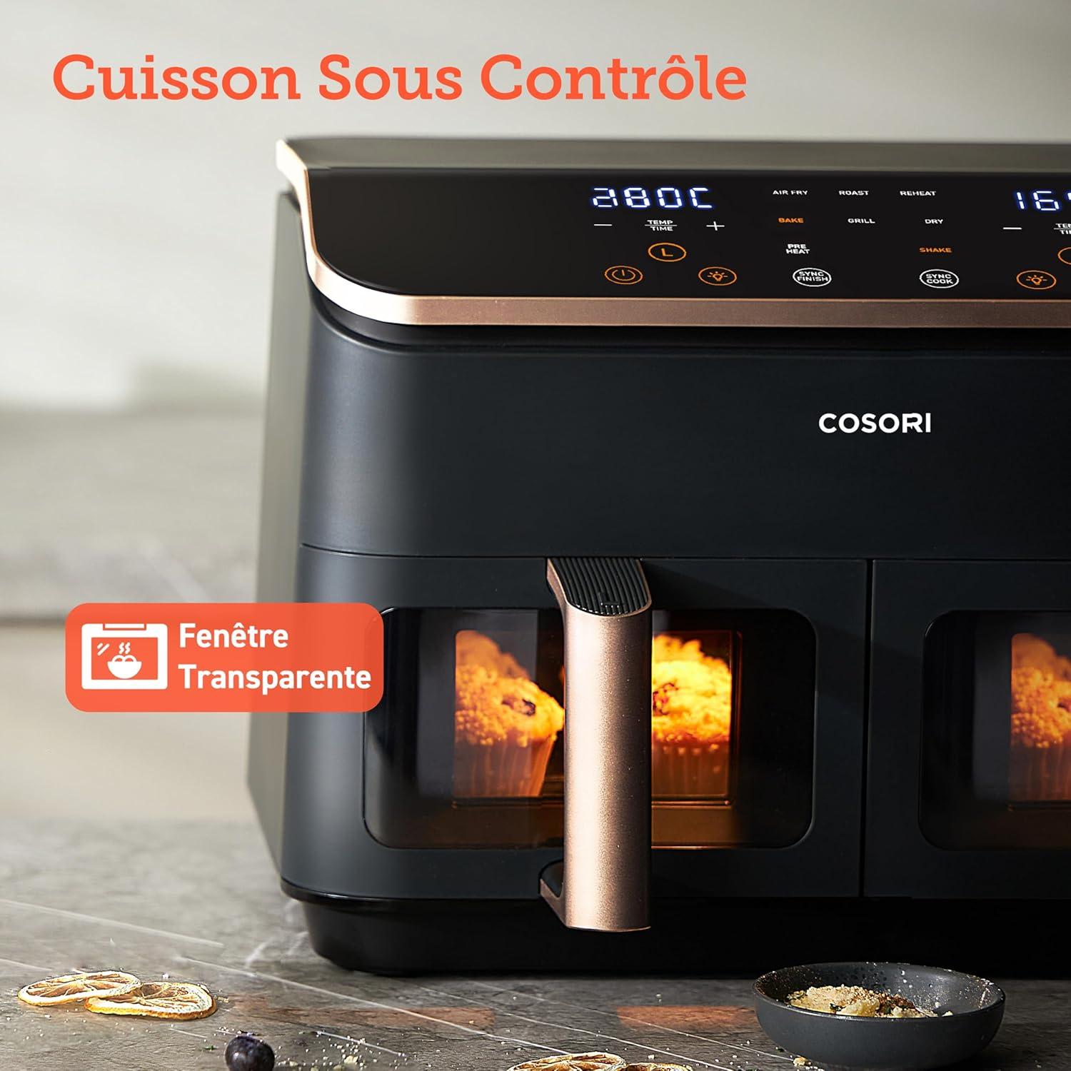imageCOSORI Air Fryer 2 Compartiments 85L 8en1 Airfryer Friteuse Sans Huile 71 Defficacit nergtique 85 de Carburant En Moins 55 Plus Rapide 8 Portions Va au Lavevaisselle NoirOr