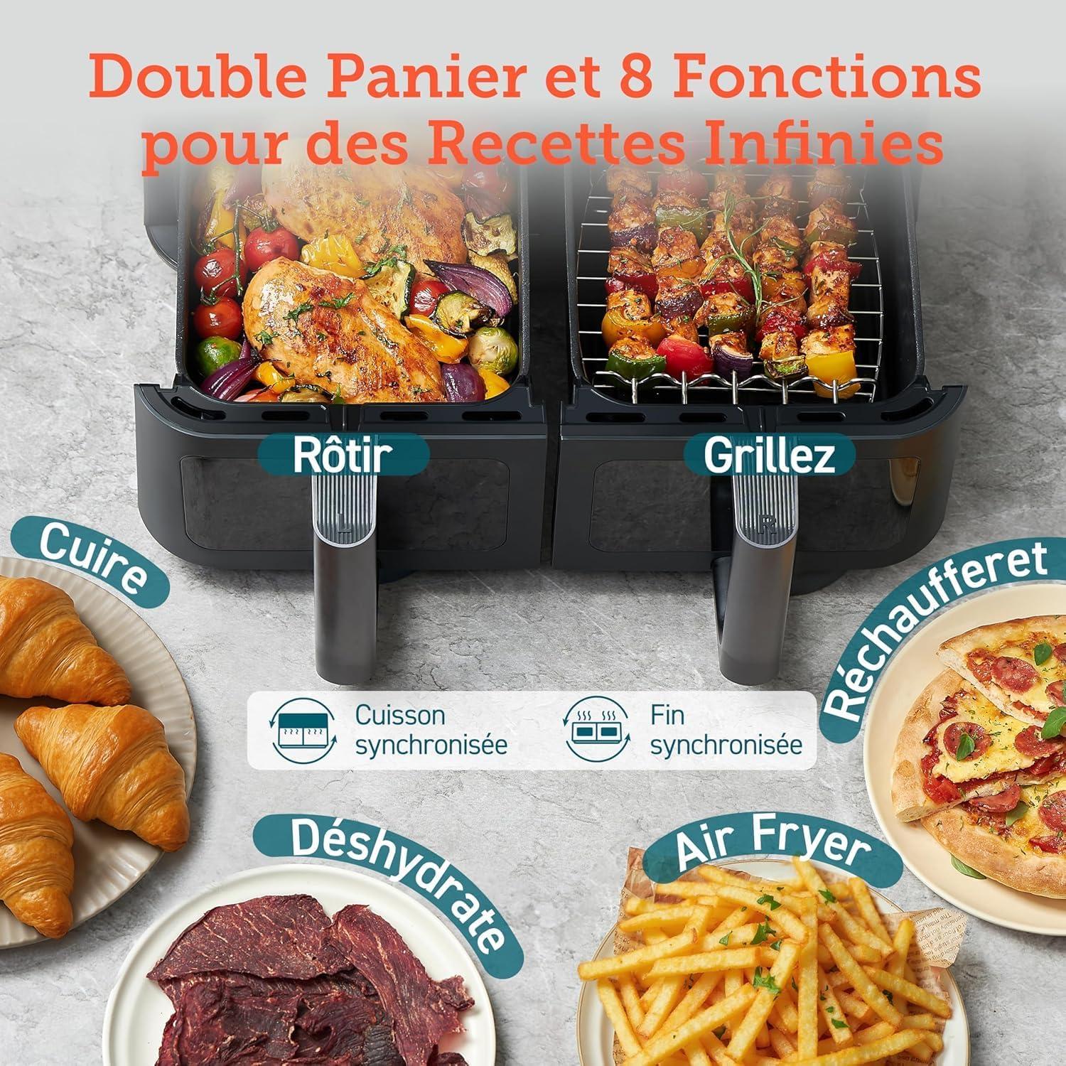 imageCOSORI Air Fryer 2 Compartiments 85L 8en1 Airfryer Friteuse Sans Huile 71 Defficacit nergtique 85 de Carburant En Moins 55 Plus Rapide 8 Portions Va au Lavevaisselle NoirNoir