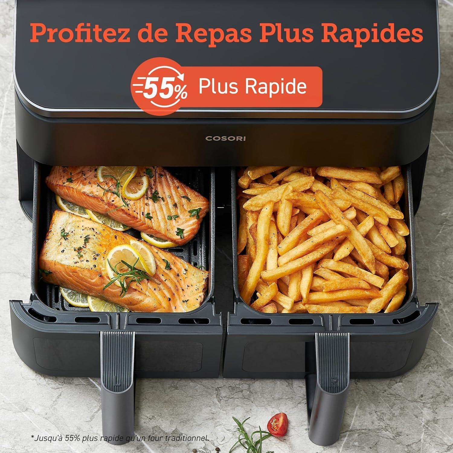 imageCOSORI Air Fryer 2 Compartiments 85L 8en1 Airfryer Friteuse Sans Huile 71 Defficacit nergtique 85 de Carburant En Moins 55 Plus Rapide 8 Portions Va au Lavevaisselle NoirNoir