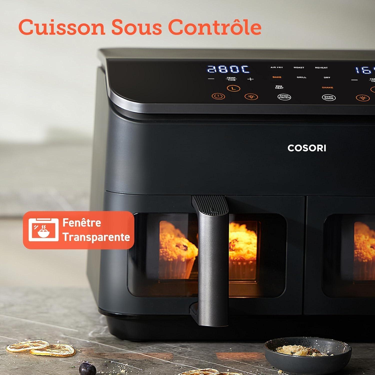 imageCOSORI Air Fryer 2 Compartiments 85L 8en1 Airfryer Friteuse Sans Huile 71 Defficacit nergtique 85 de Carburant En Moins 55 Plus Rapide 8 Portions Va au Lavevaisselle NoirNoir