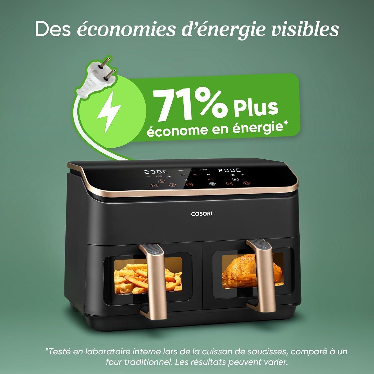 imageCOSORI Air Fryer 2 Compartiments 85L 8en1 Airfryer Friteuse Sans Huile 71 Defficacit nergtique 85 de Carburant En Moins 55 Plus Rapide 8 Portions Va au Lavevaisselle NoirOr