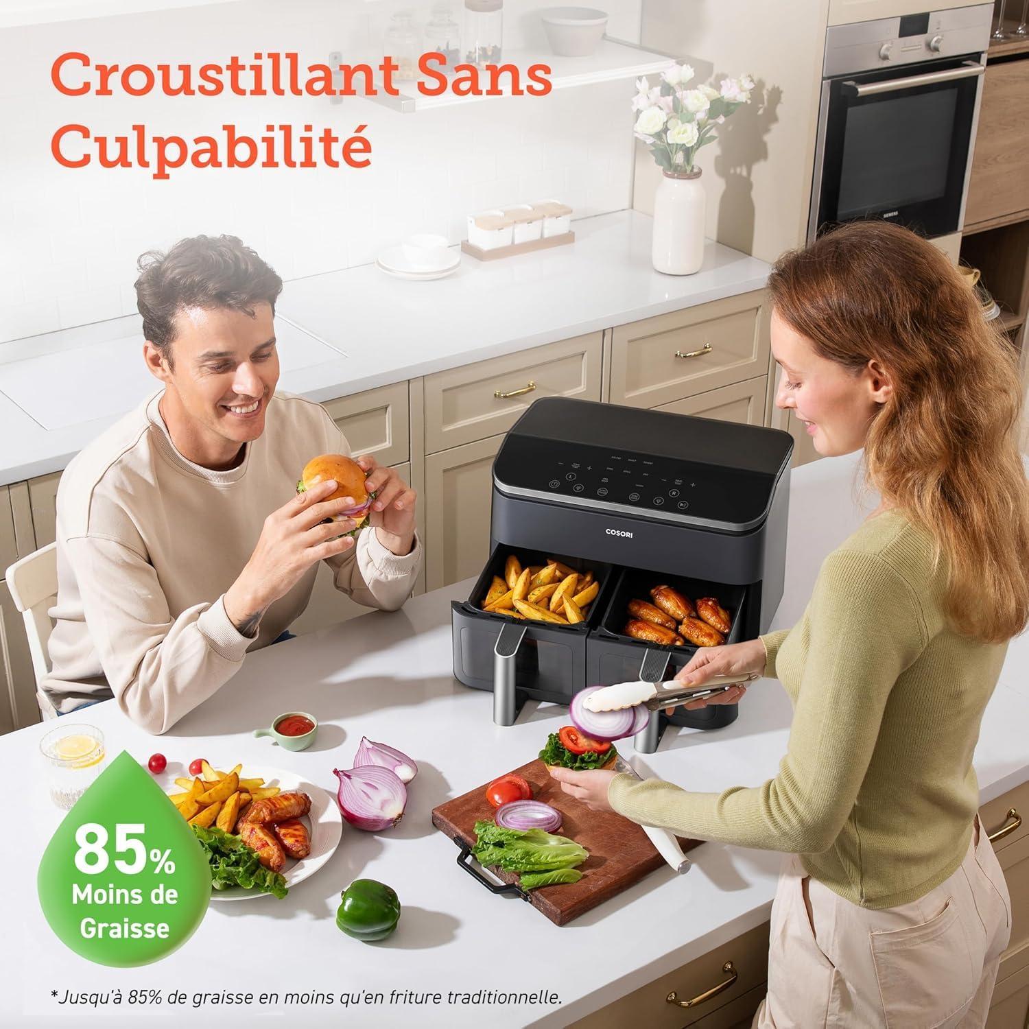 imageCOSORI Air Fryer 2 Compartiments 85L 8en1 Airfryer Friteuse Sans Huile 71 Defficacit nergtique 85 de Carburant En Moins 55 Plus Rapide 8 Portions Va au Lavevaisselle NoirNoir