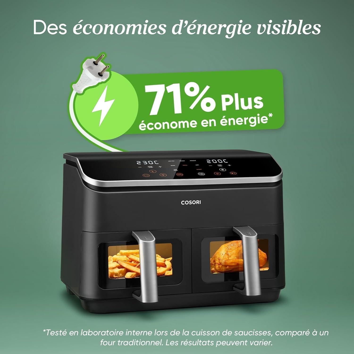 imageCOSORI Air Fryer 2 Compartiments 85L 8en1 Airfryer Friteuse Sans Huile 71 Defficacit nergtique 85 de Carburant En Moins 55 Plus Rapide 8 Portions Va au Lavevaisselle NoirNoir