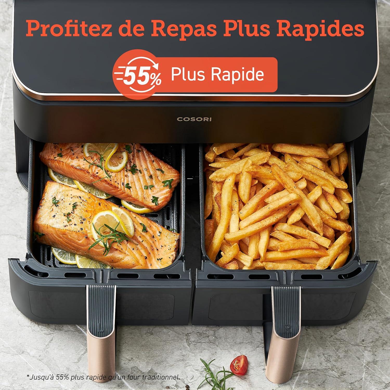 imageCOSORI Air Fryer 2 Compartiments 85L 8en1 Airfryer Friteuse Sans Huile 71 Defficacit nergtique 85 de Carburant En Moins 55 Plus Rapide 8 Portions Va au Lavevaisselle NoirOr
