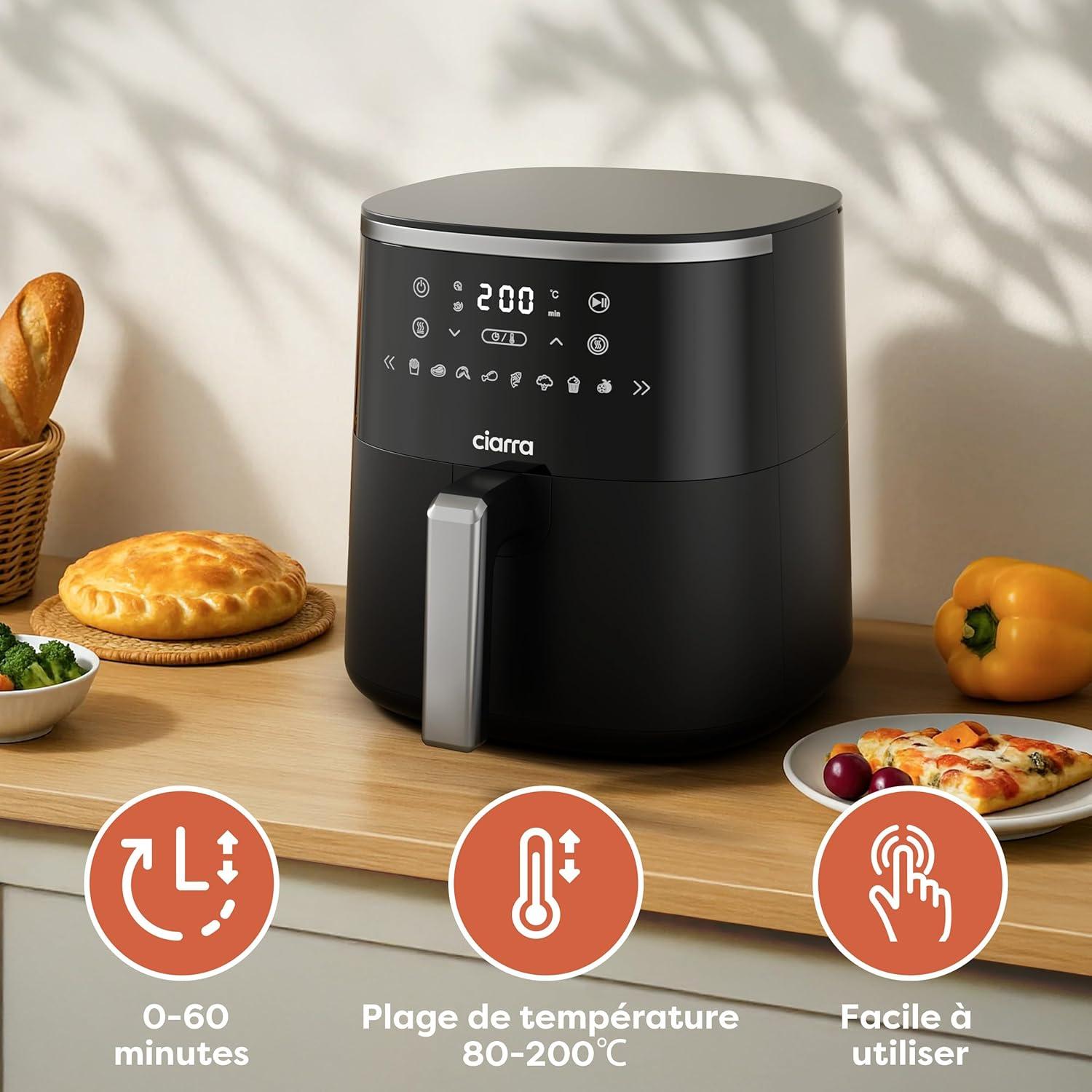 imageCiarra CBAWAF1A Air Fryer Friteuse Sans Huile 5L 80C 200C Temprature Rglable cran Tactile Technologie air Chaud Rapide 1500W Multifonction NoireCBAWAF1A