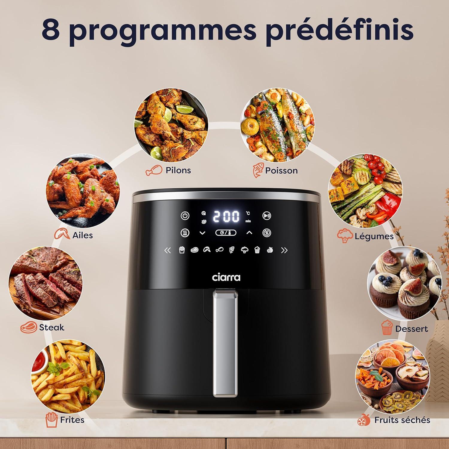 imageCiarra CBAWAF1A Air Fryer Friteuse Sans Huile 5L 80C 200C Temprature Rglable cran Tactile Technologie air Chaud Rapide 1500W Multifonction NoireCBAWAF1A