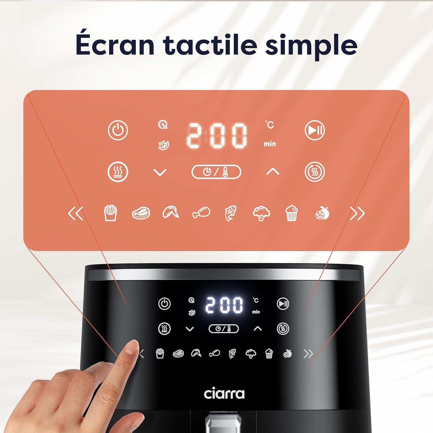 imageCiarra CBAWAF1A Air Fryer Friteuse Sans Huile 5L 80C 200C Temprature Rglable cran Tactile Technologie air Chaud Rapide 1500W Multifonction NoireCBAWAF1A