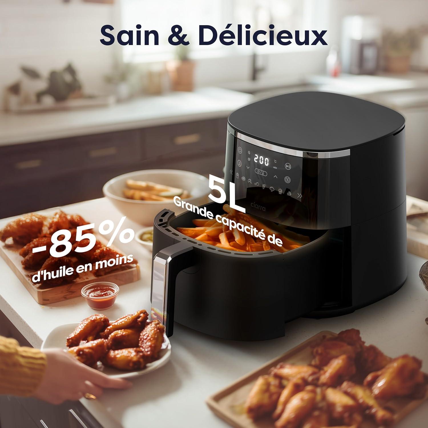imageCiarra CBAWAF1A Air Fryer Friteuse Sans Huile 5L 80C 200C Temprature Rglable cran Tactile Technologie air Chaud Rapide 1500W Multifonction NoireCBAWAF1A
