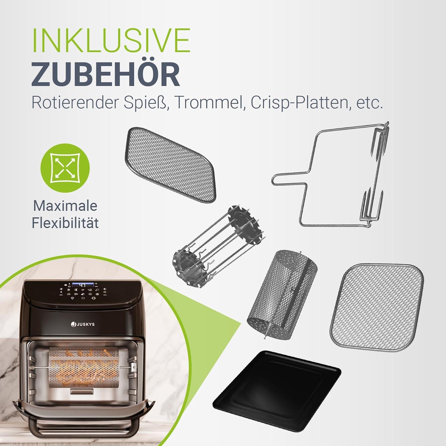 imageJuskys friteuse air chaud 12L noire Airfryer multifonction avec cran tactile LCD 10 programmes 25200 C ampamp accessoires