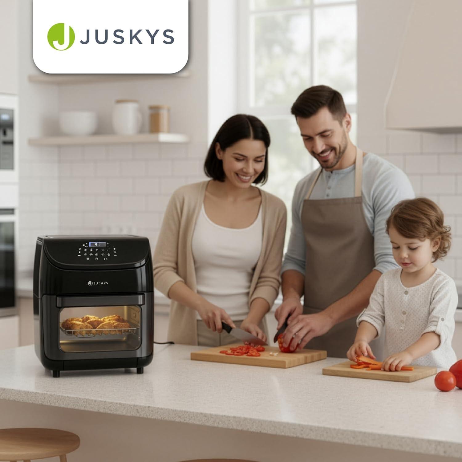 imageJuskys friteuse air chaud 12L noire Airfryer multifonction avec cran tactile LCD 10 programmes 25200 C ampamp accessoires