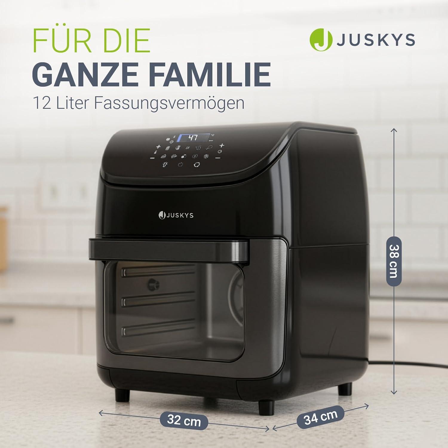 imageJuskys friteuse air chaud 12L noire Airfryer multifonction avec cran tactile LCD 10 programmes 25200 C ampamp accessoires