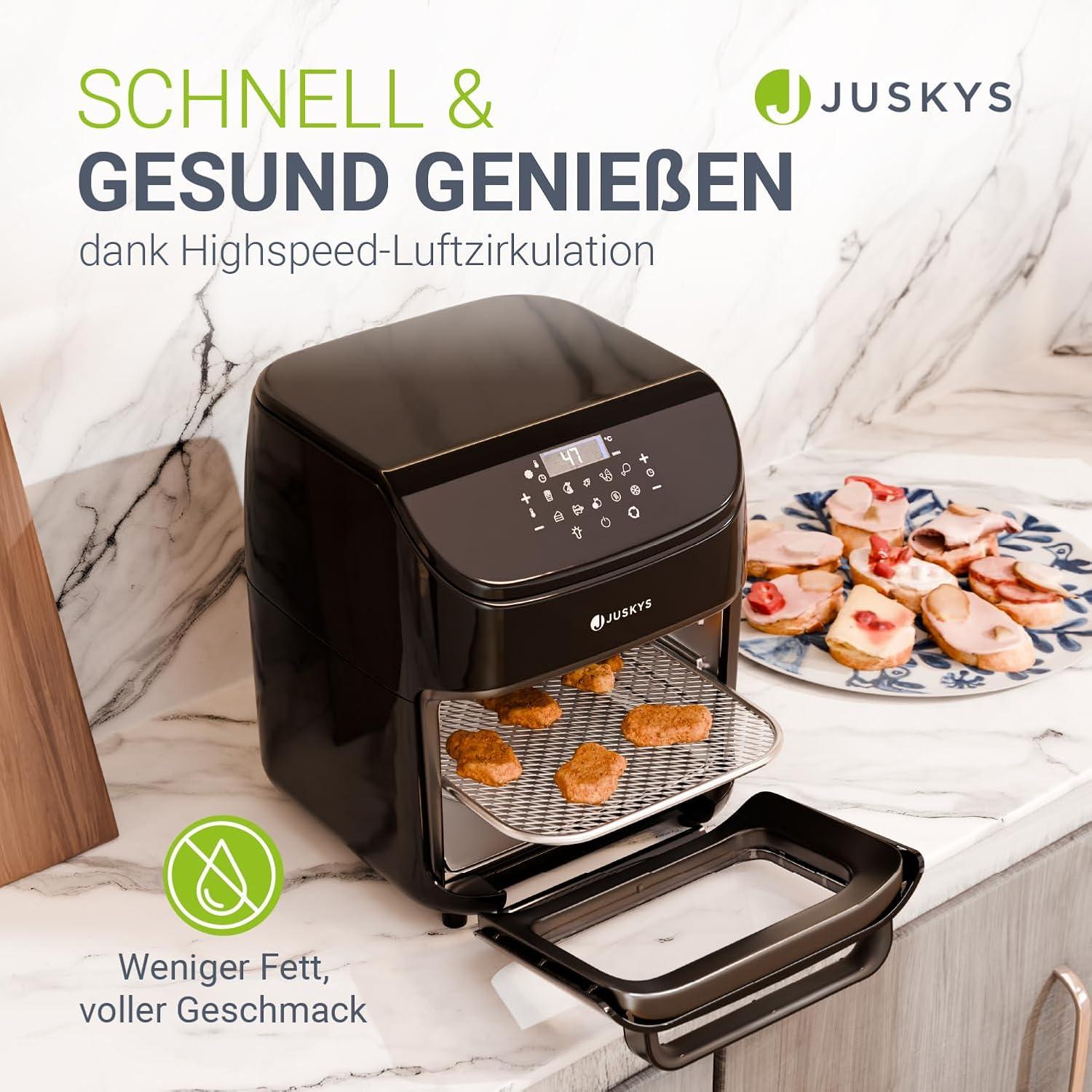 imageJuskys friteuse air chaud 12L noire Airfryer multifonction avec cran tactile LCD 10 programmes 25200 C ampamp accessoires