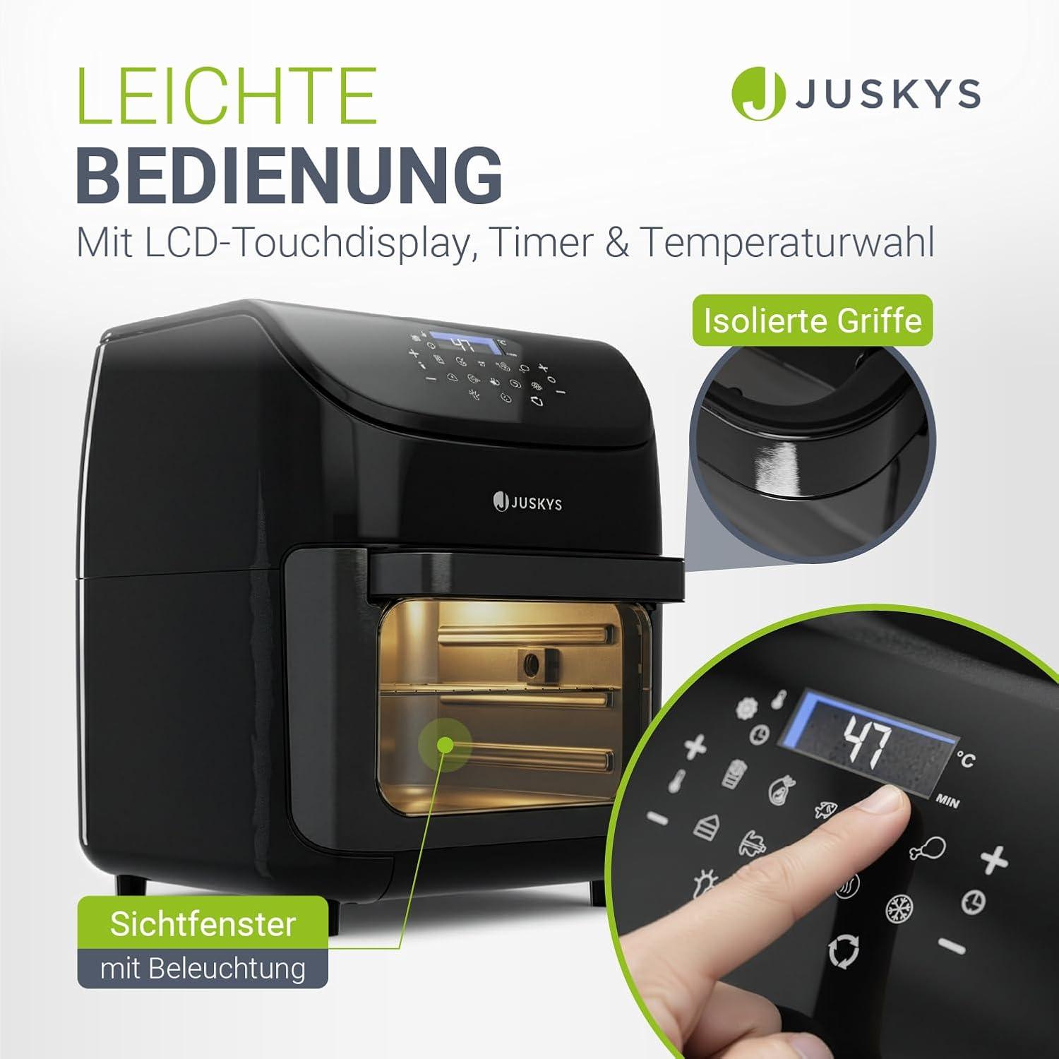 imageJuskys friteuse air chaud 12L noire Airfryer multifonction avec cran tactile LCD 10 programmes 25200 C ampamp accessoires
