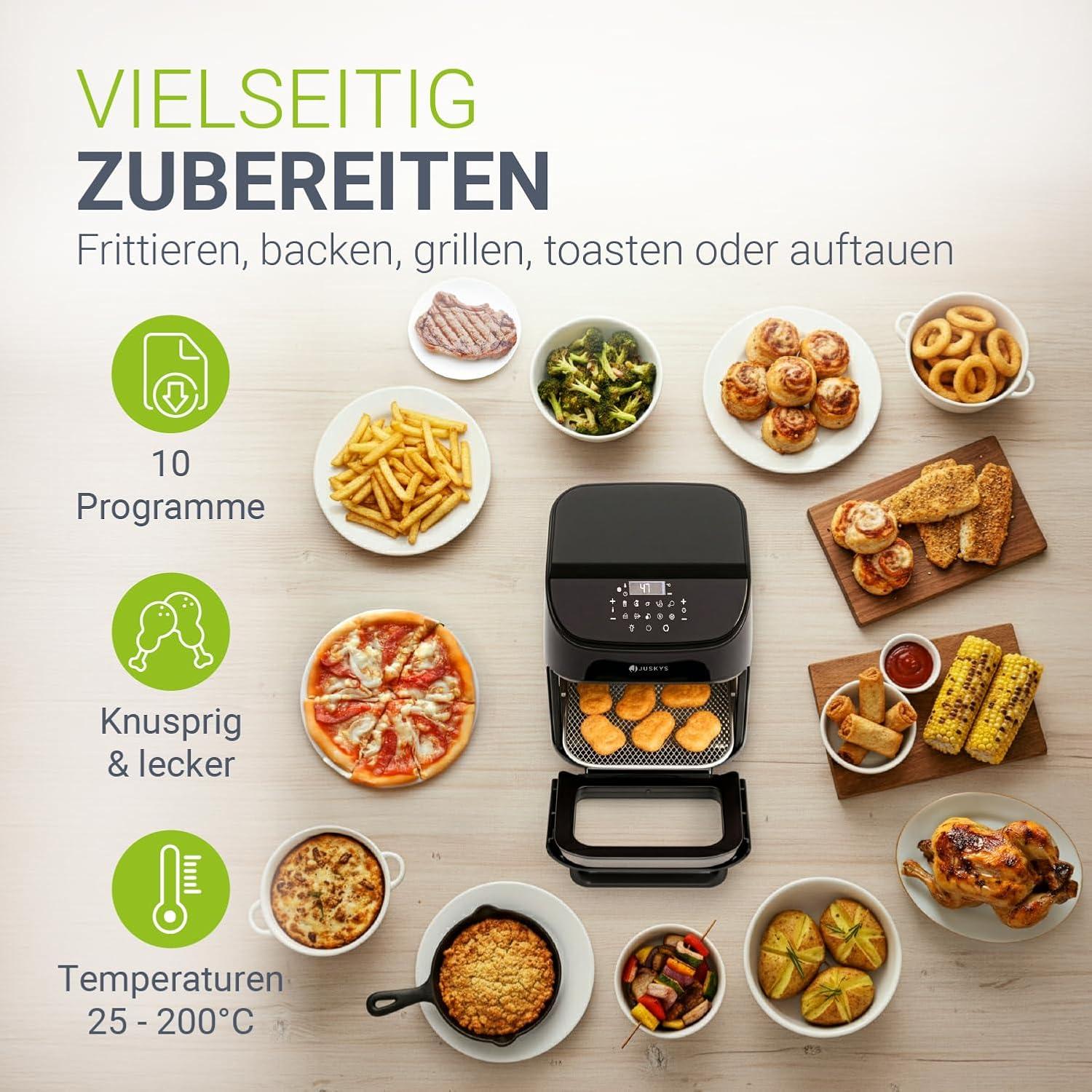 imageJuskys friteuse air chaud 12L noire Airfryer multifonction avec cran tactile LCD 10 programmes 25200 C ampamp accessoires