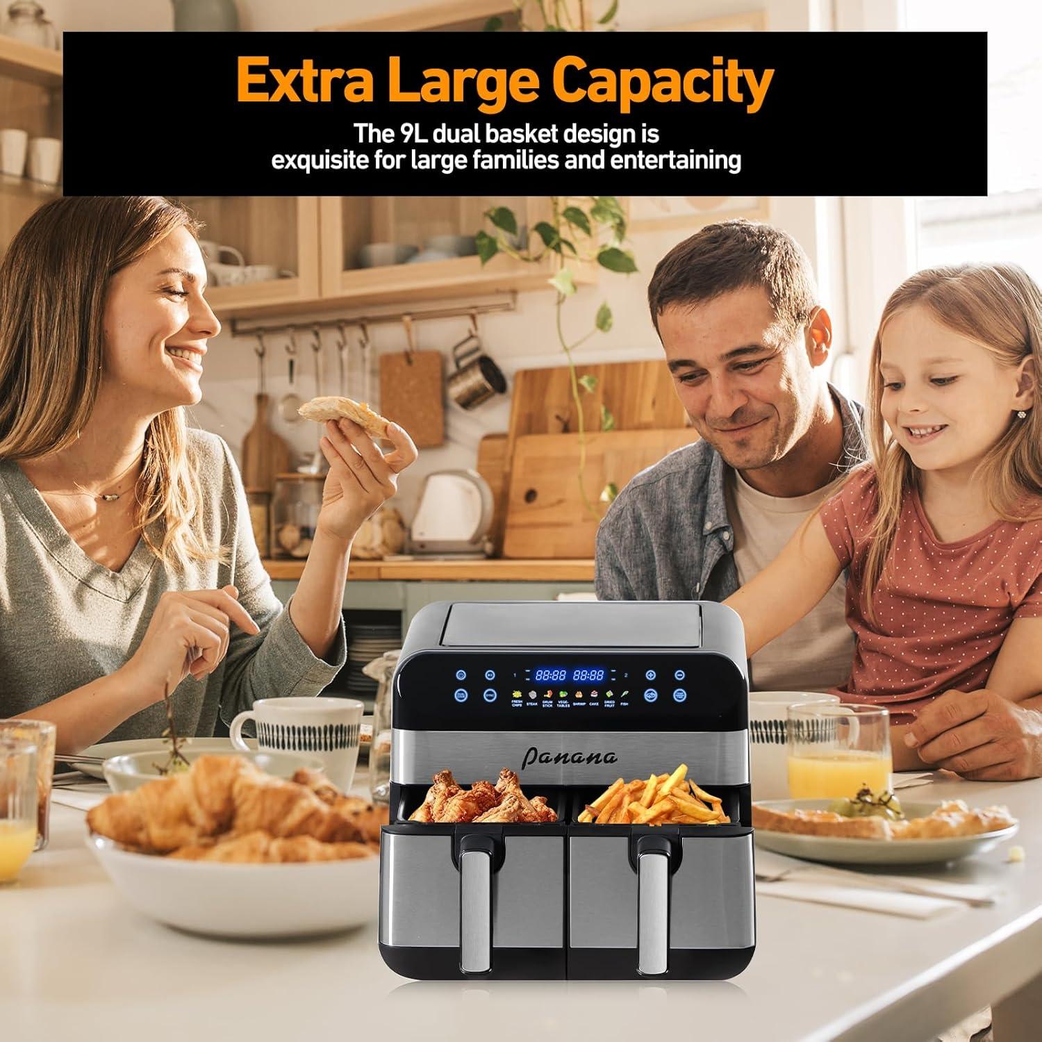 imagePanana Air Fryer avec Double Compartiment Friteuse Sans 2x45L 8 Programmes 2400W Friteuse Air Chaud Friteuse Electrique avec LED cran Tactile Airfryer avec 2 cuves spares