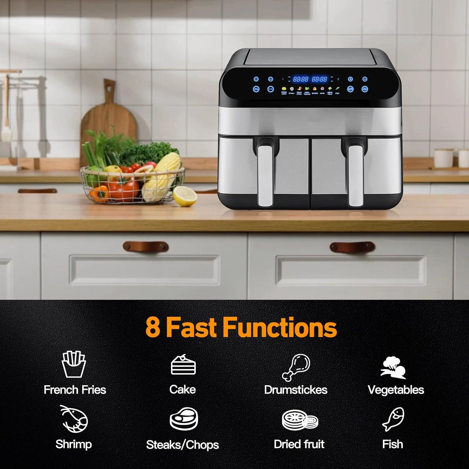 imagePanana Air Fryer avec Double Compartiment Friteuse Sans 2x45L 8 Programmes 2400W Friteuse Air Chaud Friteuse Electrique avec LED cran Tactile Airfryer avec 2 cuves spares
