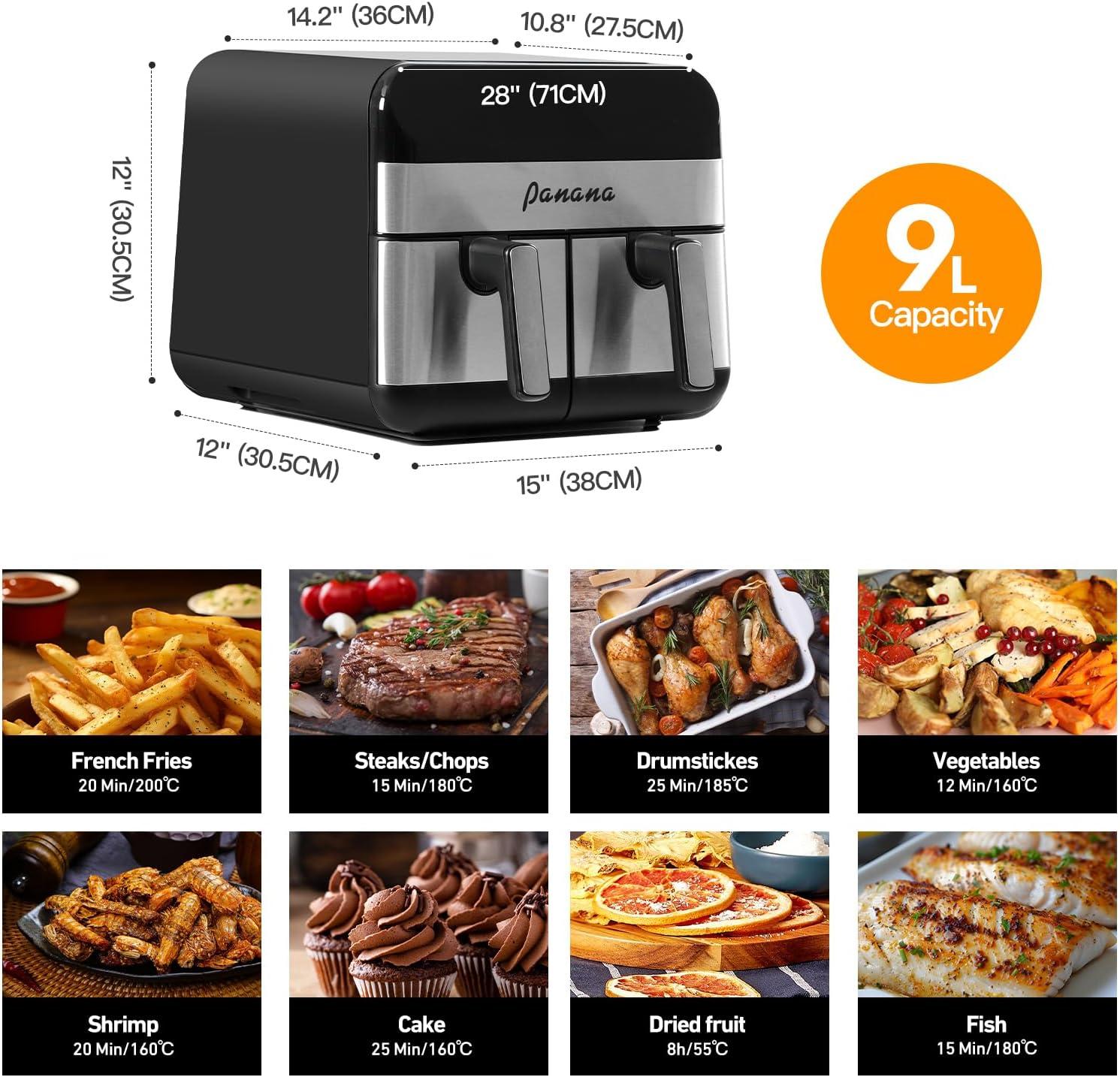 imagePanana Air Fryer avec Double Compartiment Friteuse Sans 2x45L 8 Programmes 2400W Friteuse Air Chaud Friteuse Electrique avec LED cran Tactile Airfryer avec 2 cuves spares