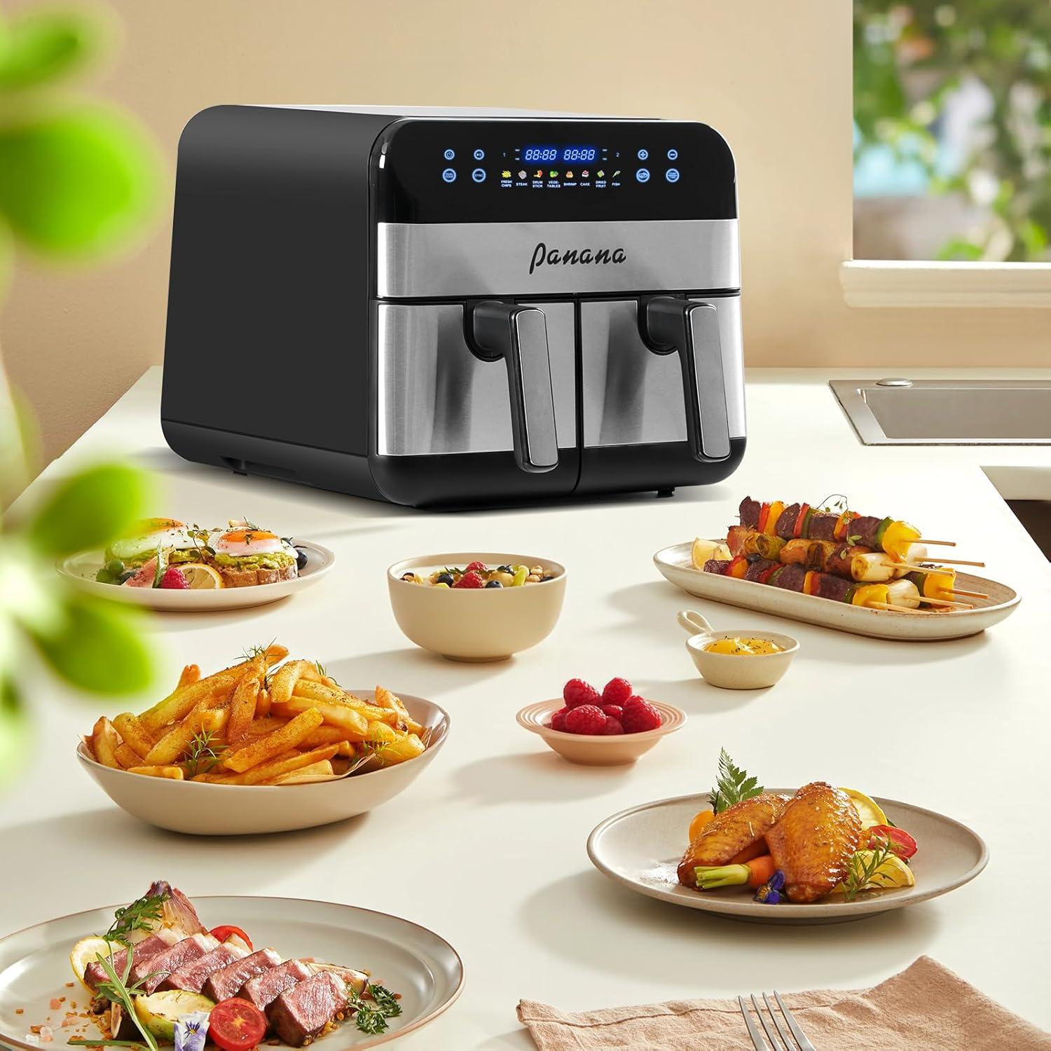 imagePanana Air Fryer avec Double Compartiment Friteuse Sans 2x45L 8 Programmes 2400W Friteuse Air Chaud Friteuse Electrique avec LED cran Tactile Airfryer avec 2 cuves spares