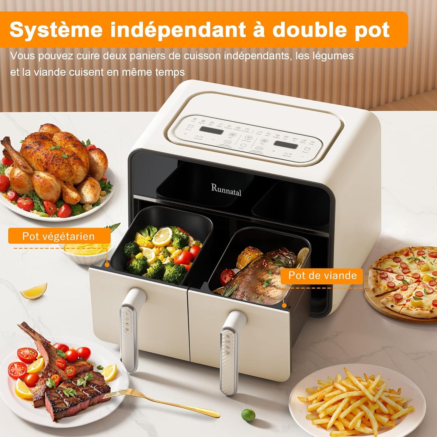 imageRunnatal Air Fryer double zone 8 L Airfryer sans huile 2 tiroirs programmes de cuisson 14 en 1 casseroles pour lgumes et viande cran tactile faible en gras compatible lavevaisselle