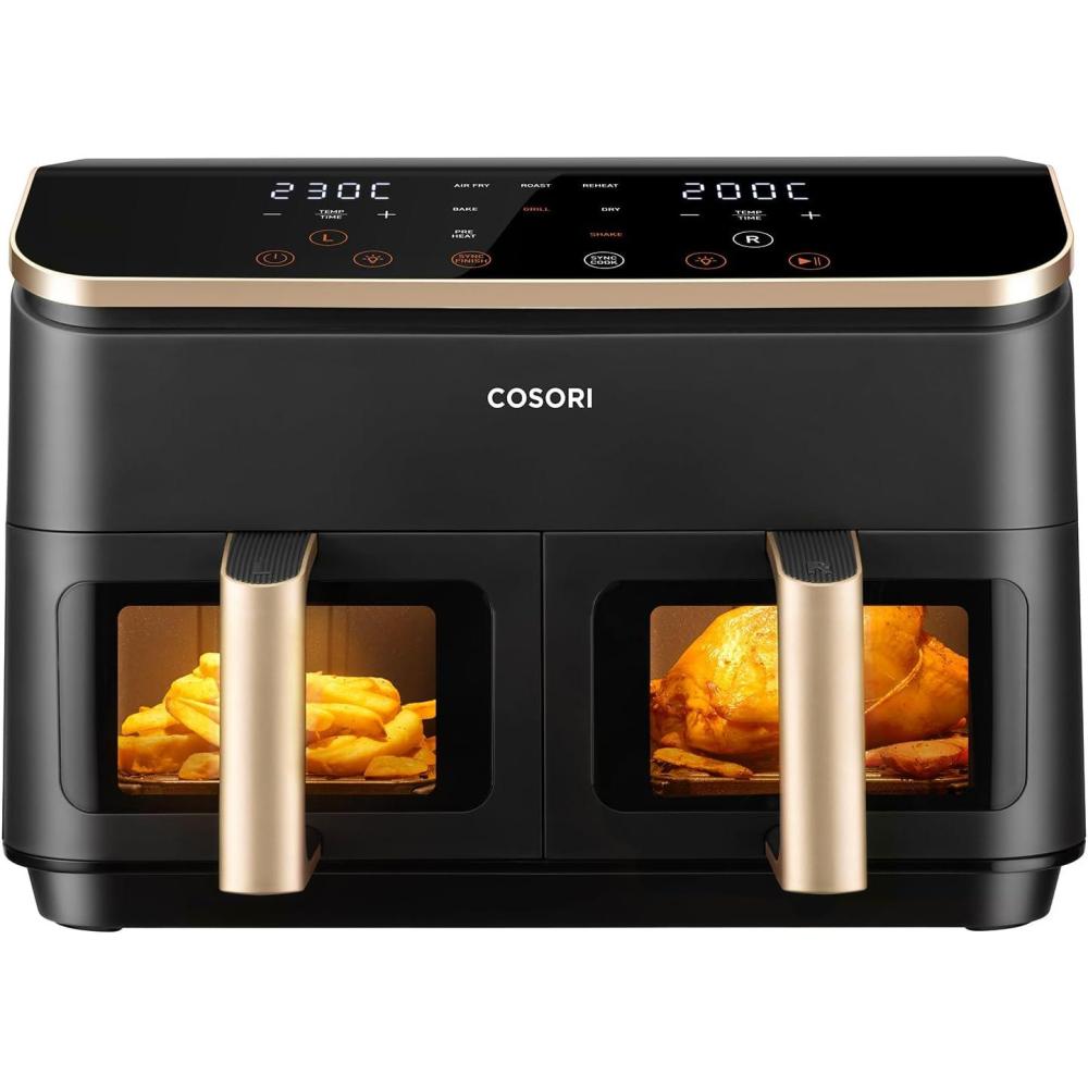 imageCOSORI Air Fryer 2 Compartiments 85L 8en1 Airfryer Friteuse Sans Huile 71 Defficacit nergtique 85 de Carburant En Moins 55 Plus Rapide 8 Portions Va au Lavevaisselle NoirOr