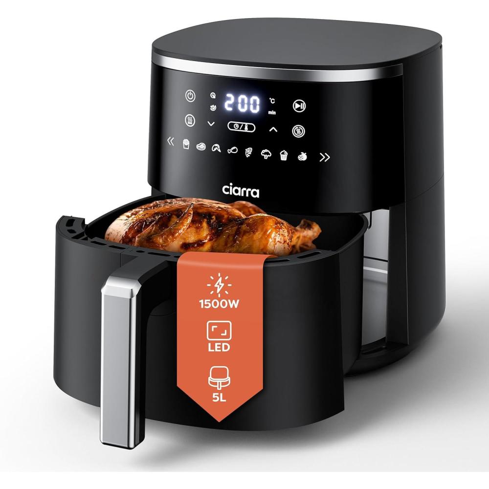 imageCiarra CBAWAF1A Air Fryer Friteuse Sans Huile 5L 80C 200C Temprature Rglable cran Tactile Technologie air Chaud Rapide 1500W Multifonction NoireCBAWAF1A