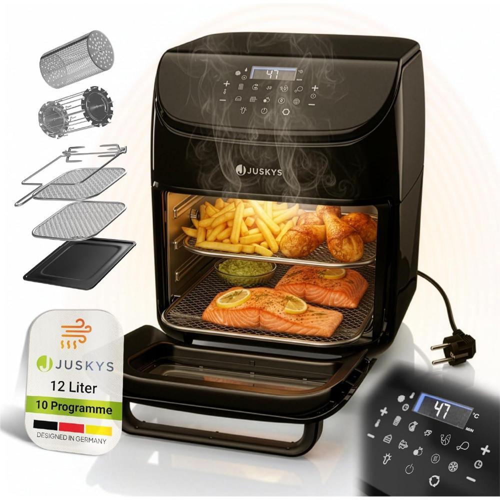 imageJuskys friteuse air chaud 12L noire Airfryer multifonction avec cran tactile LCD 10 programmes 25200 C ampamp accessoires