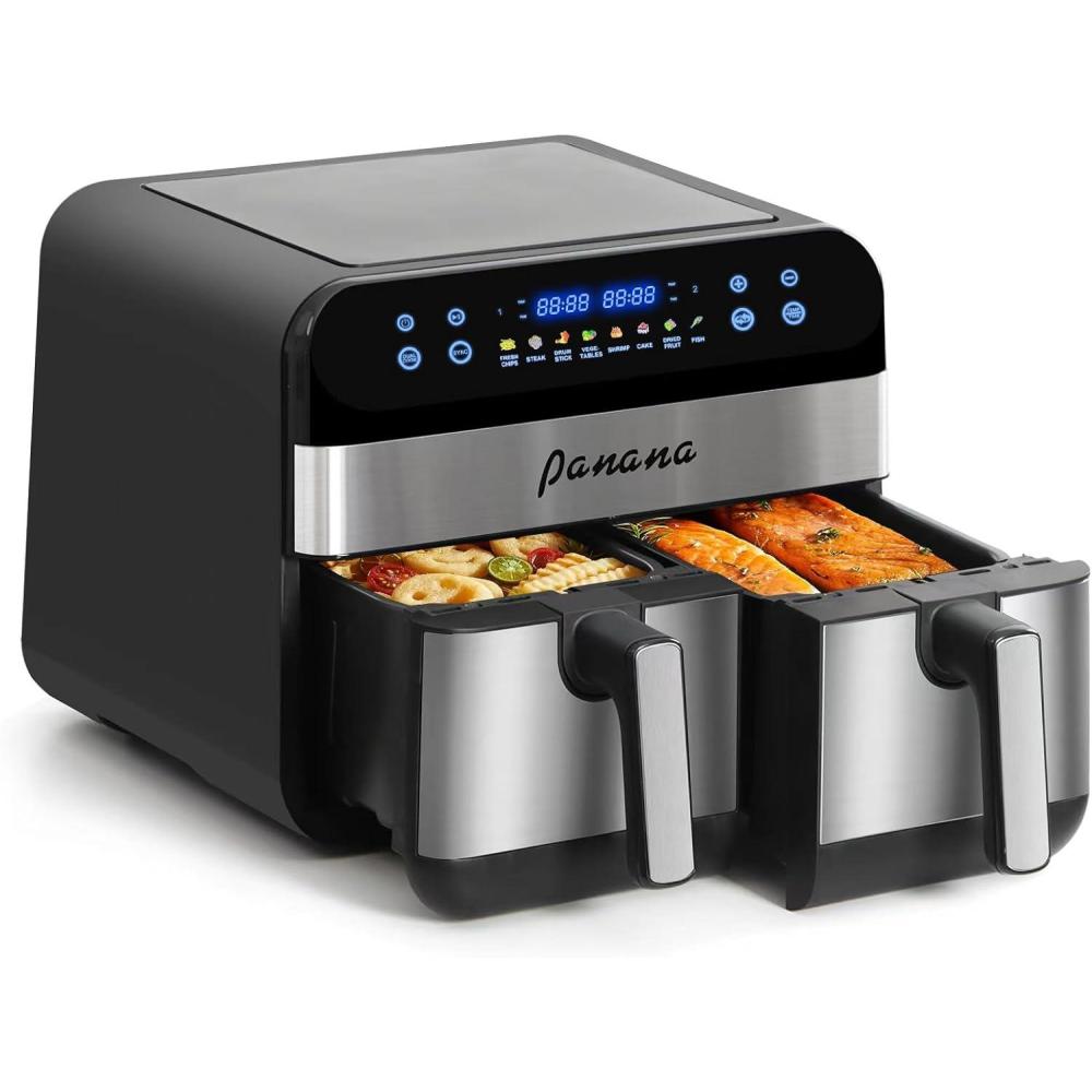imagePanana Air Fryer avec Double Compartiment Friteuse Sans 2x45L 8 Programmes 2400W Friteuse Air Chaud Friteuse Electrique avec LED cran Tactile Airfryer avec 2 cuves spares