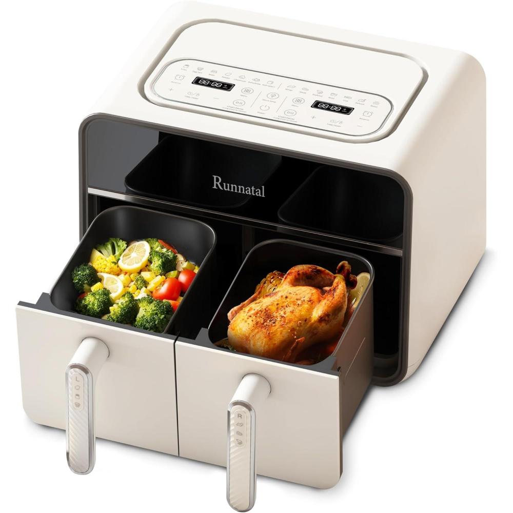 imageRunnatal Air Fryer double zone 8 L Airfryer sans huile 2 tiroirs programmes de cuisson 14 en 1 casseroles pour lgumes et viande cran tactile faible en gras compatible lavevaisselle