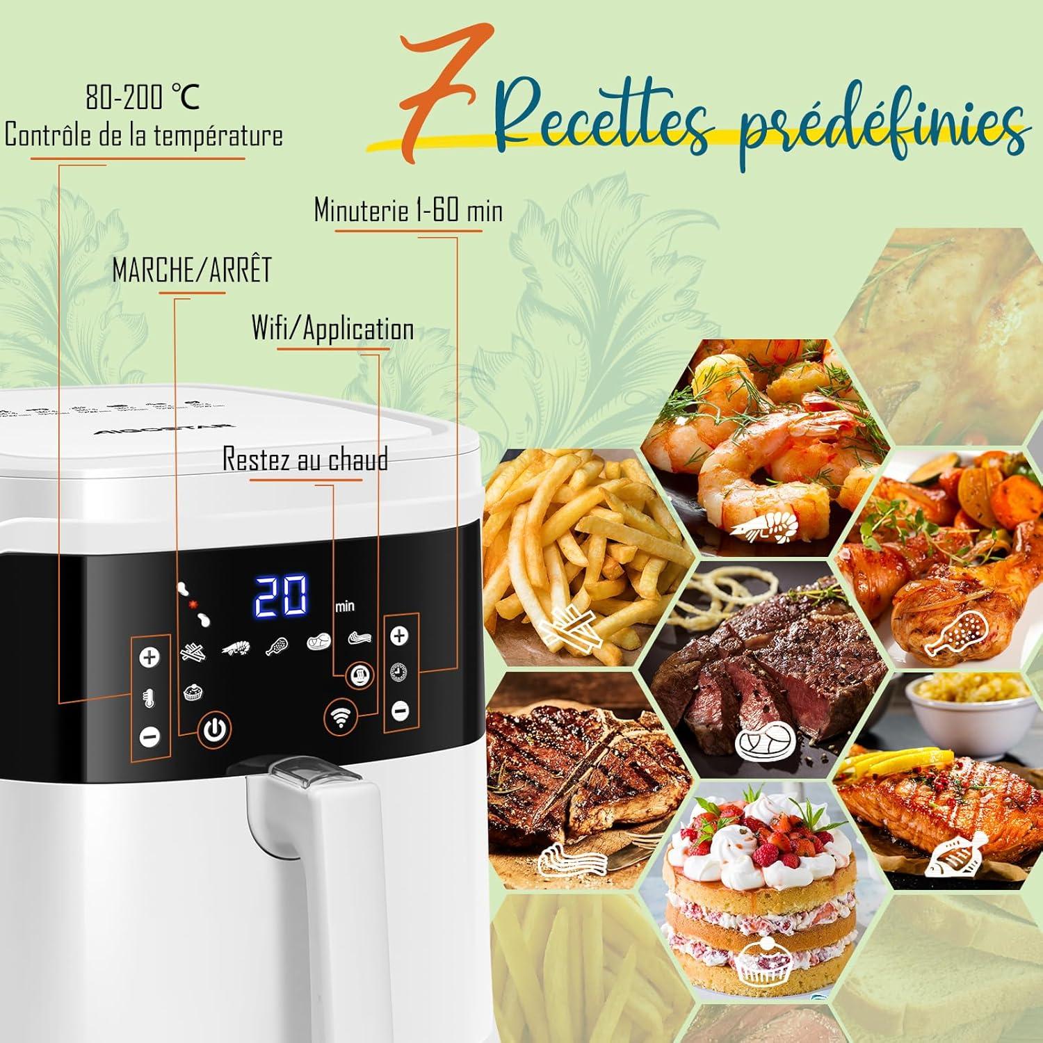 imageAigostar Air Fryer Friteuse sans Huile 7L Avec Wifi Air Fryer XXL 7 en 1 1900W Friteuse Air Chaud Ecran tactile LED Prchauffage Rapide Maintien au Chaud Livre de Recettes Sans BPA BlancBlanc