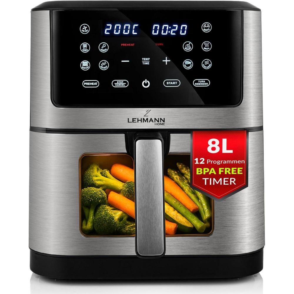imageLehmann Friteuse air chaud XXL 8 litres 1800 W avec rglage de la temprature jusqu 200C Air Fryer avec 10 programmes minuterie manger sainement sans huile cuire rtir scher