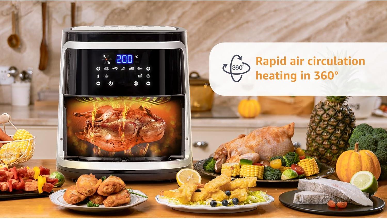 imageAigostar Friteuse air sans huile de 7L XXL Jusqu 10 personnes 1900W 7 Programmes automatiques Air Fryer Ecran tactile digital Utilisation dans panier ou tiroir Livre de recettes inclusNoir