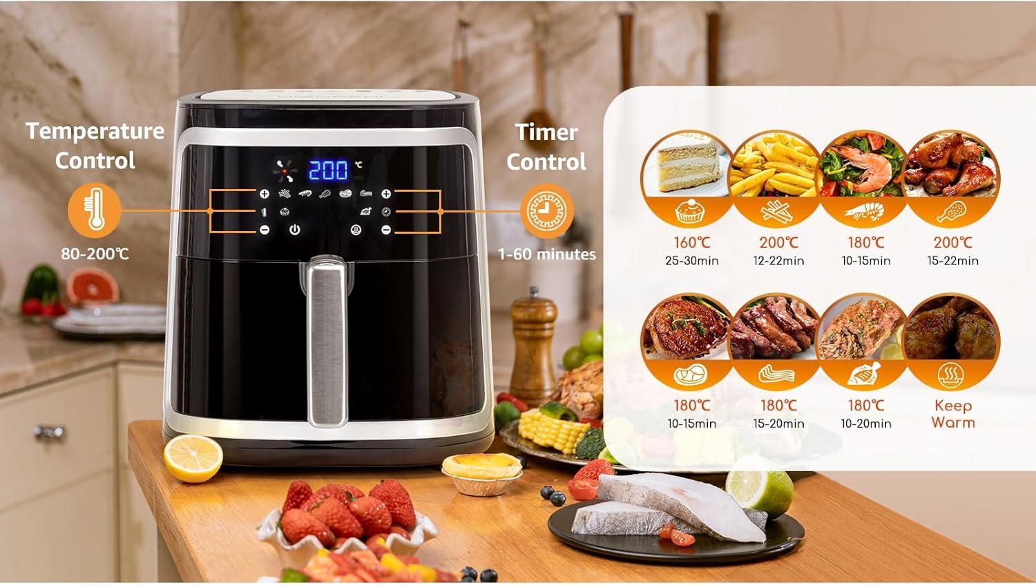 imageAigostar Friteuse air sans huile de 7L XXL Jusqu 10 personnes 1900W 7 Programmes automatiques Air Fryer Ecran tactile digital Utilisation dans panier ou tiroir Livre de recettes inclusNoir