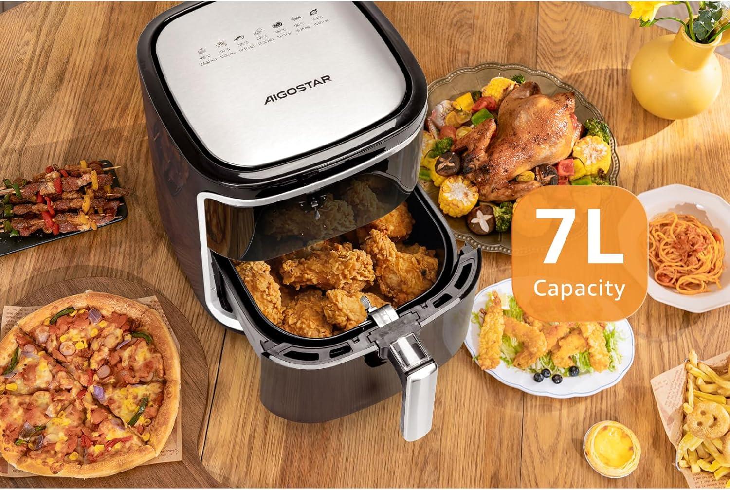 imageAigostar Friteuse air sans huile de 7L XXL Jusqu 10 personnes 1900W 7 Programmes automatiques Air Fryer Ecran tactile digital Utilisation dans panier ou tiroir Livre de recettes inclusNoir