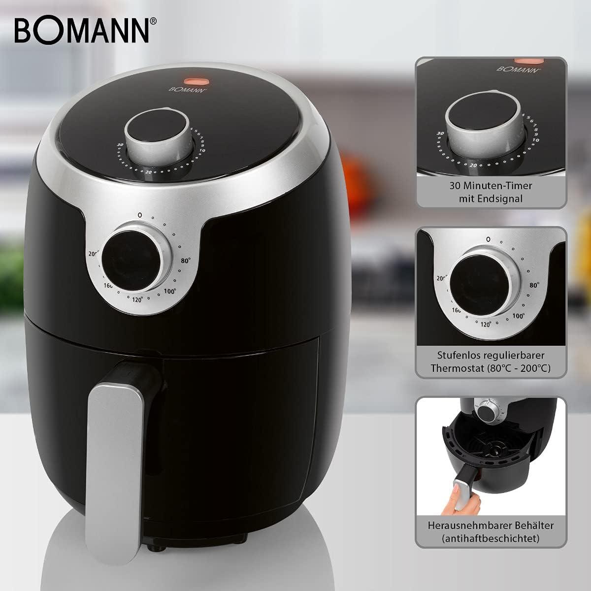 imageBomann Friteuse Air Chaud Sans Huile FR6050HCB 18L Noir Thermostat Rglable 80200C Minuterie 30 min Poigne Froide Protection Surchauffe Rcipient Amovible Antiadhsif Air Fryer