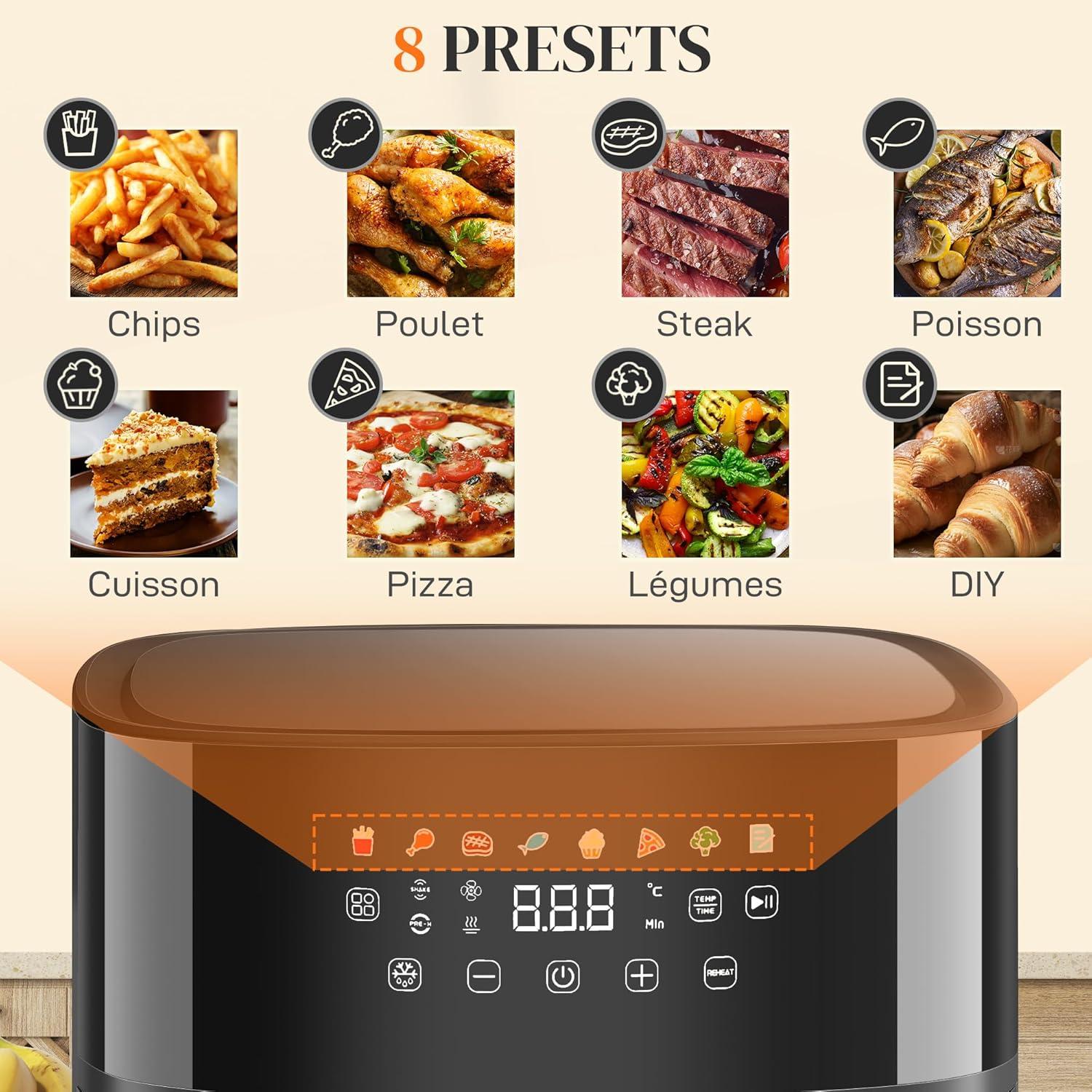 imageHOMCOM Friteuse air friteuse sans huile 8 L air fryer 1700 W 8 programmes circulation dair chaud 360 cran tactile LED temprature rglable minuterie et protection contre la surchauffe noir