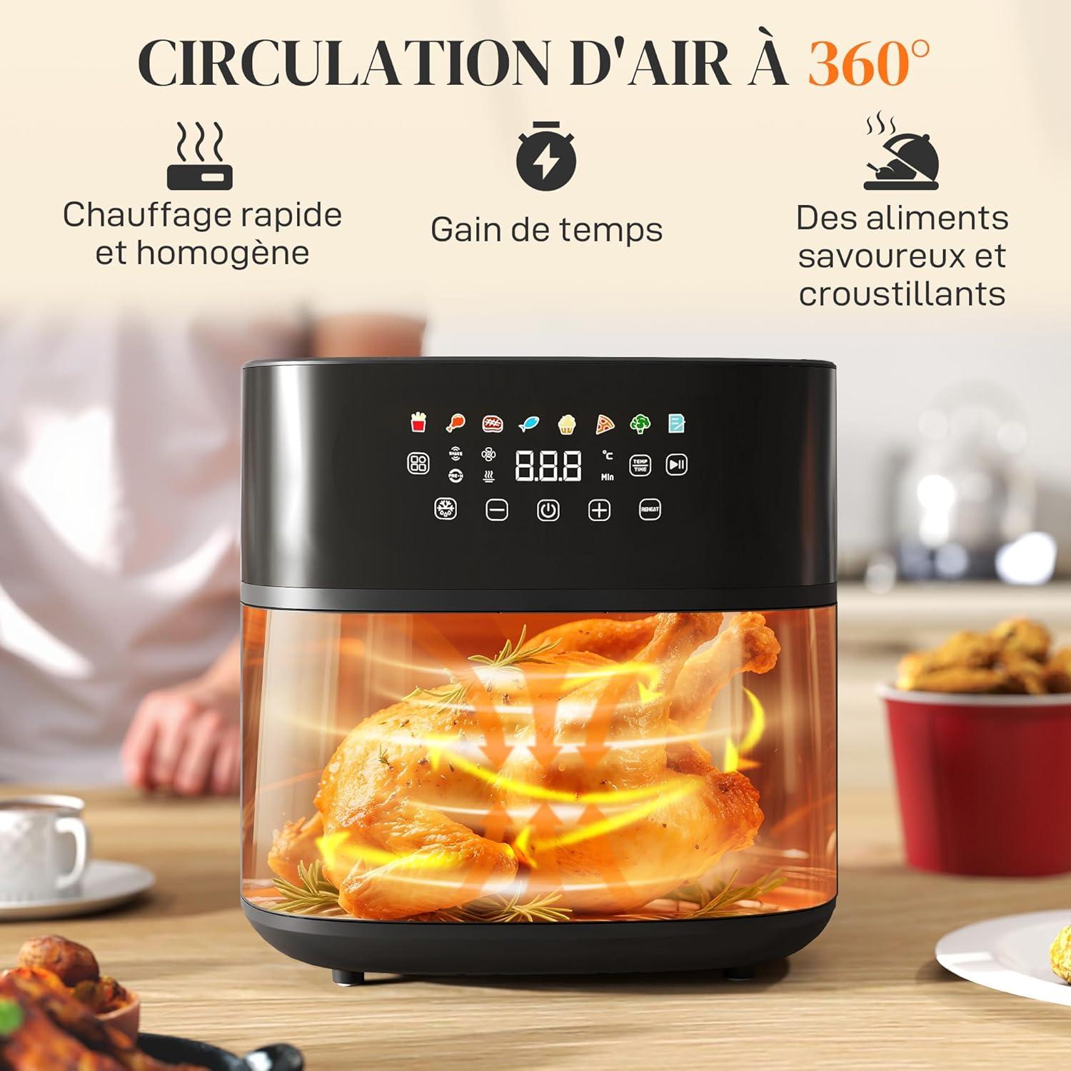 imageHOMCOM Friteuse air friteuse sans huile 8 L air fryer 1700 W 8 programmes circulation dair chaud 360 cran tactile LED temprature rglable minuterie et protection contre la surchauffe noir